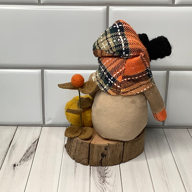 Autumn Gnome with Bat, Pumpkin & Flora on Natural Wood Base/Halloween