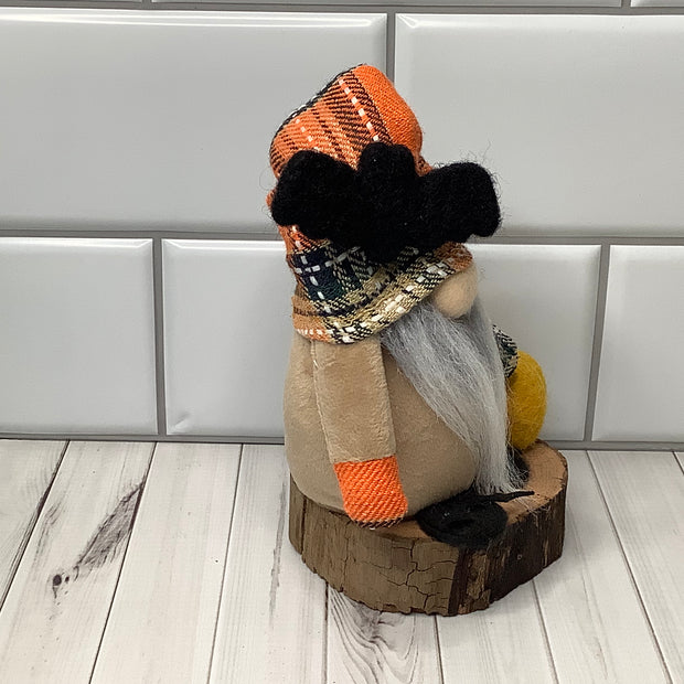 Autumn Gnome with Bat, Pumpkin & Flora on Natural Wood Base/Halloween