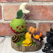 Poison Apple, Pumpkins & Moon with Flora on Natural Wood Base/Halloween