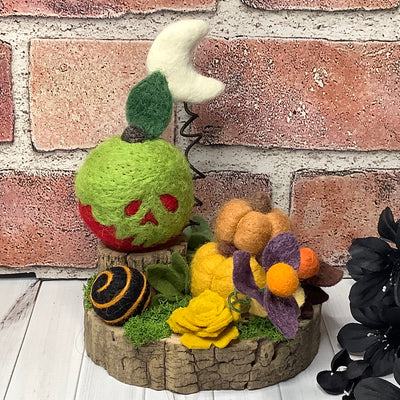 Poison Apple, Pumpkins & Moon with Flora on Natural Wood Base/Halloween