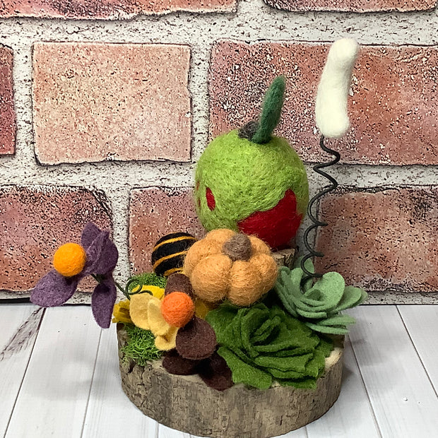 Poison Apple, Pumpkins & Moon with Flora on Natural Wood Base/Halloween