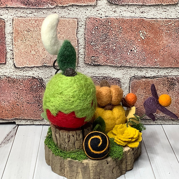 Poison Apple, Pumpkins & Moon with Flora on Natural Wood Base/Halloween