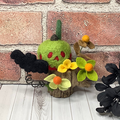 Poison Apple & Bat with Flora on Natural Wood Base/Halloween