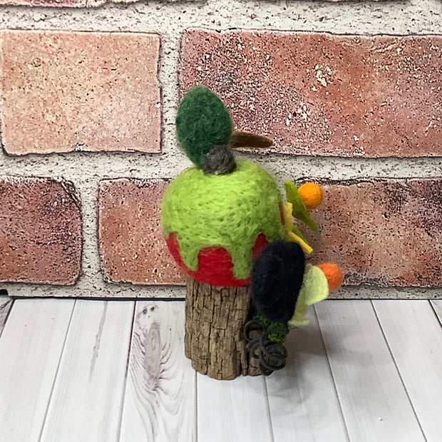 Poison Apple & Bat with Flora on Natural Wood Base/Halloween