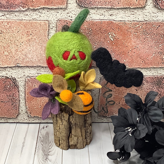 Poison Apple & Bat with Flora on Natural Wood Base/Halloween