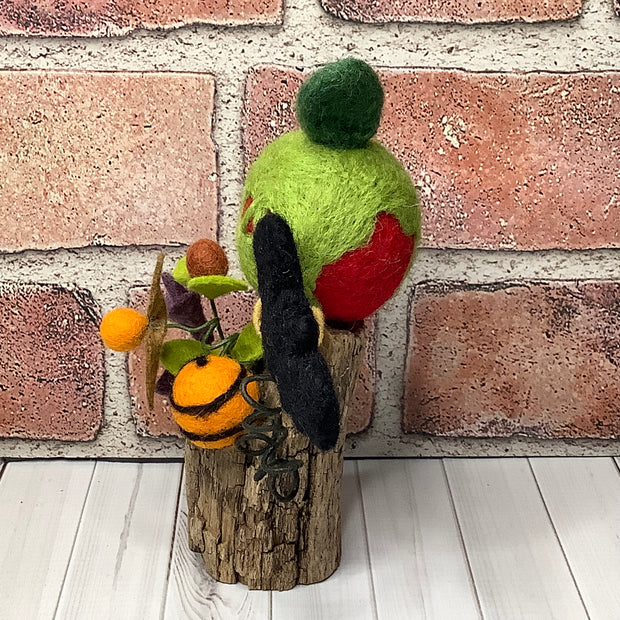 Poison Apple & Bat with Flora on Natural Wood Base/Halloween