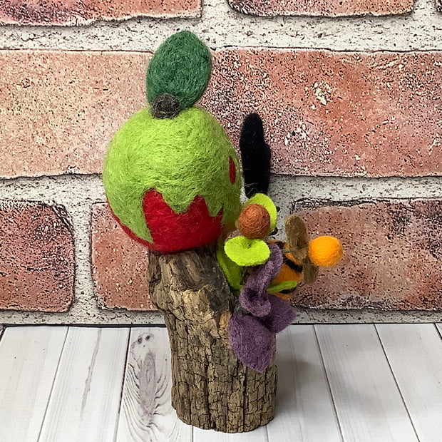 Poison Apple & Bat with Flora on Natural Wood Base/Halloween
