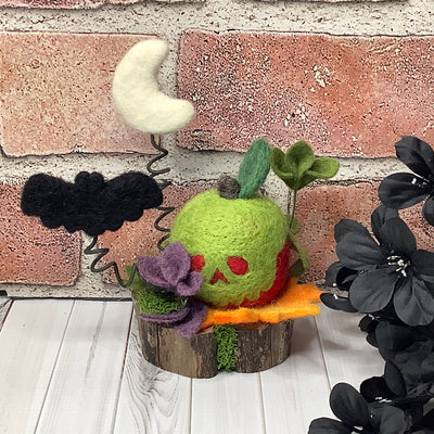 Poison Apple, Moon & Bat with Flora on Natural Wood Base/Halloween