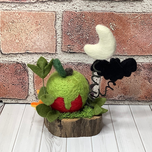 Poison Apple, Moon & Bat with Flora on Natural Wood Base/Halloween