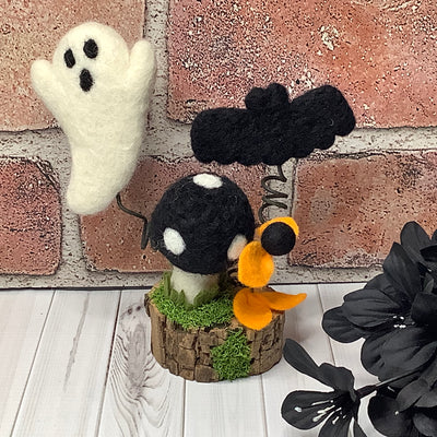 Ghost, Bat & Mushroom with Flora on Natural Wood Base/Halloween