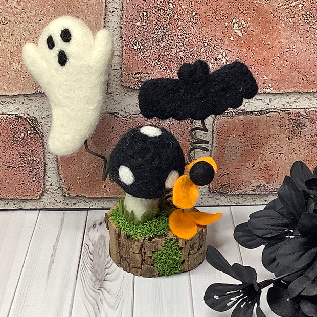 Ghost, Bat & Mushroom with Flora on Natural Wood Base/Halloween