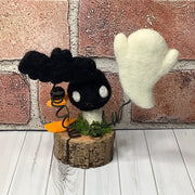 Ghost, Bat & Mushroom with Flora on Natural Wood Base/Halloween