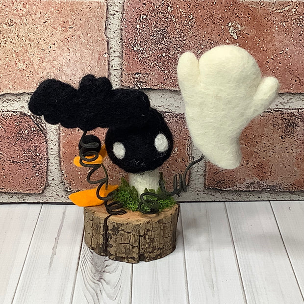Ghost, Bat & Mushroom with Flora on Natural Wood Base/Halloween