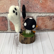 Ghost, Bat & Mushroom with Flora on Natural Wood Base/Halloween