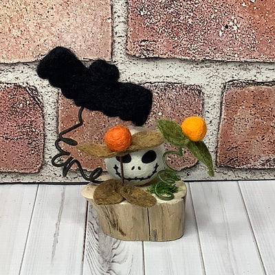 Skully & Bat with Flora on Natural Wood Base/Halloween