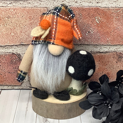 Autumn Gnome & Mushroom with Flora on Natural Wood Base