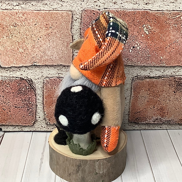 Autumn Gnome & Mushroom with Flora on Natural Wood Base