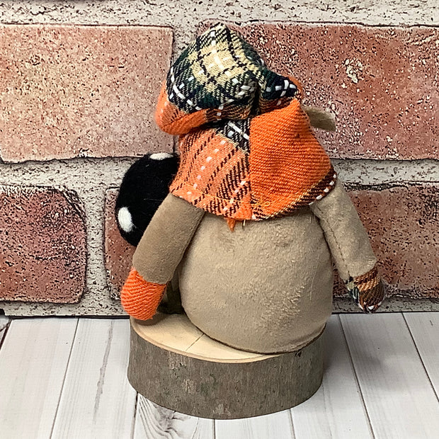 Autumn Gnome & Mushroom with Flora on Natural Wood Base