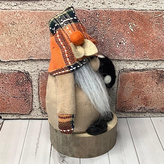 Autumn Gnome & Mushroom with Flora on Natural Wood Base
