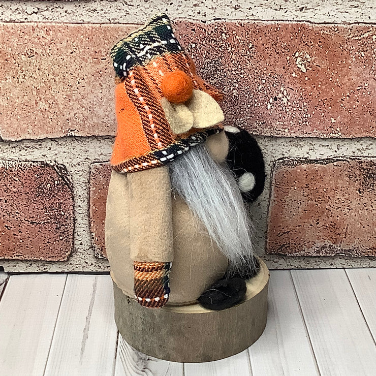 Autumn Gnome & Mushroom with Flora on Natural Wood Base