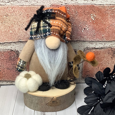 Autumn Gnome, Spider, Pumpkin & Flora on Natural Wood Base/Halloween