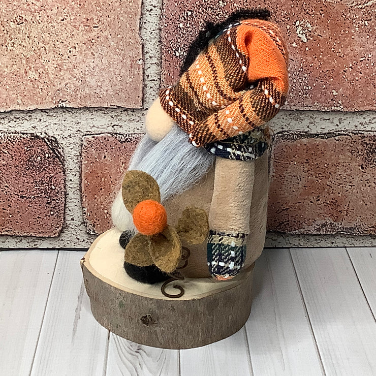 Autumn Gnome, Spider, Pumpkin & Flora on Natural Wood Base/Halloween