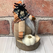 Autumn Gnome, Spider, Pumpkin & Flora on Natural Wood Base/Halloween