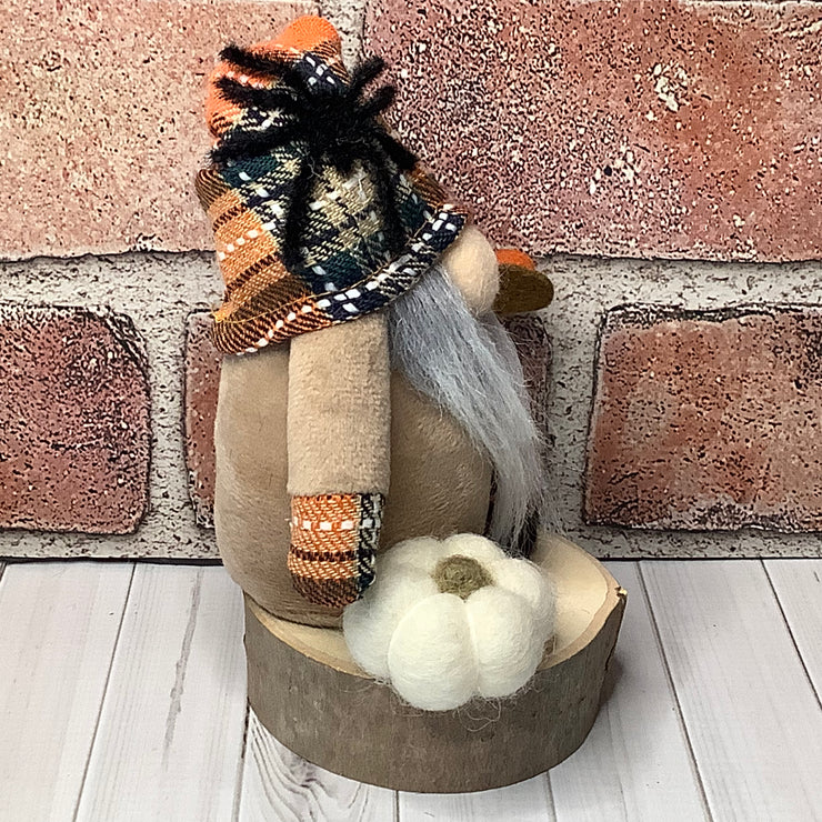 Autumn Gnome, Spider, Pumpkin & Flora on Natural Wood Base/Halloween