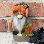Autumn Gnome, Pumpkin & Flora on Natural Wood Base