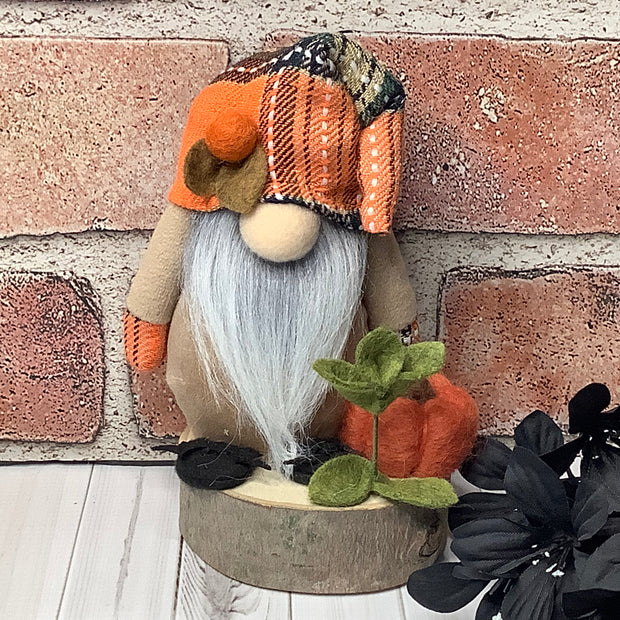 Autumn Gnome, Pumpkin & Flora on Natural Wood Base