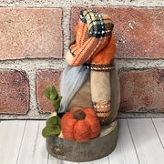 Autumn Gnome, Pumpkin & Flora on Natural Wood Base