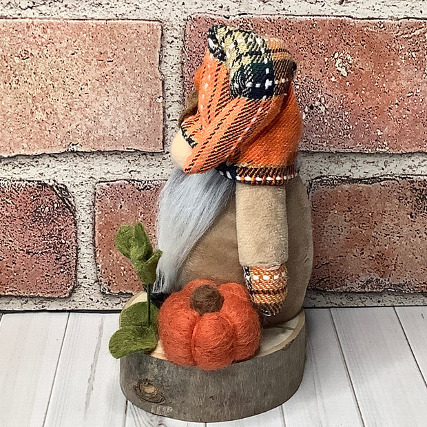 Autumn Gnome, Pumpkin & Flora on Natural Wood Base