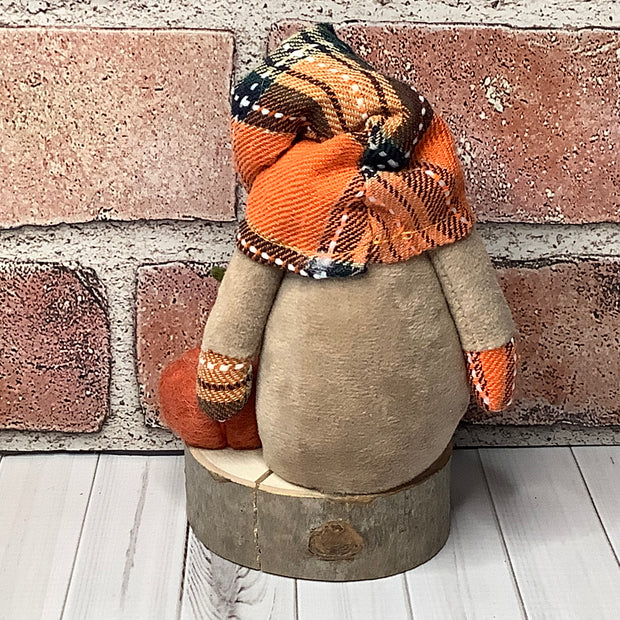 Autumn Gnome, Pumpkin & Flora on Natural Wood Base
