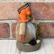 Autumn Gnome, Pumpkin & Flora on Natural Wood Base