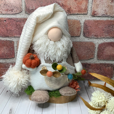 Sam/In his Favorite Cream Overalls, with a Pumpkin & Flora on Natural Wood Base