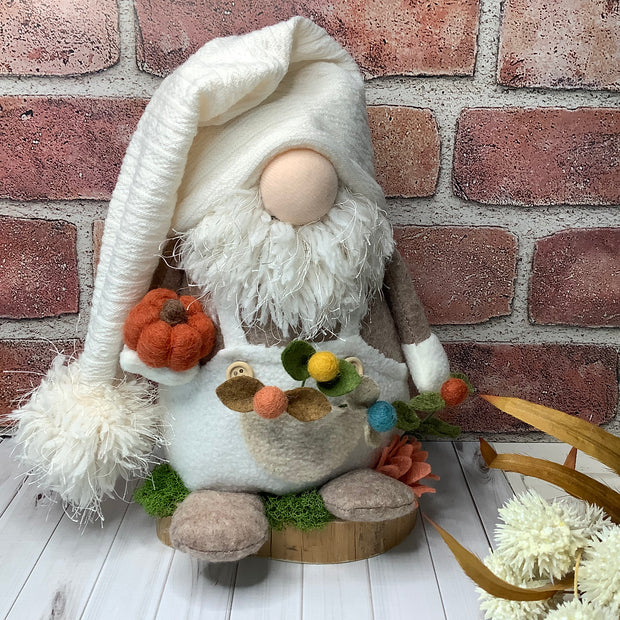 Sam/In his Favorite Cream Overalls, with a Pumpkin & Flora on Natural Wood Base