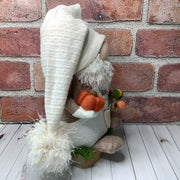 Sam/In his Favorite Cream Overalls, with a Pumpkin & Flora on Natural Wood Base