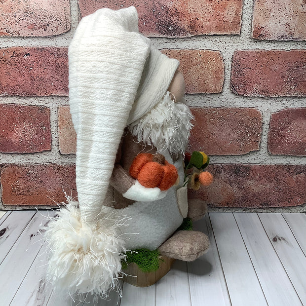 Sam/In his Favorite Cream Overalls, with a Pumpkin & Flora on Natural Wood Base
