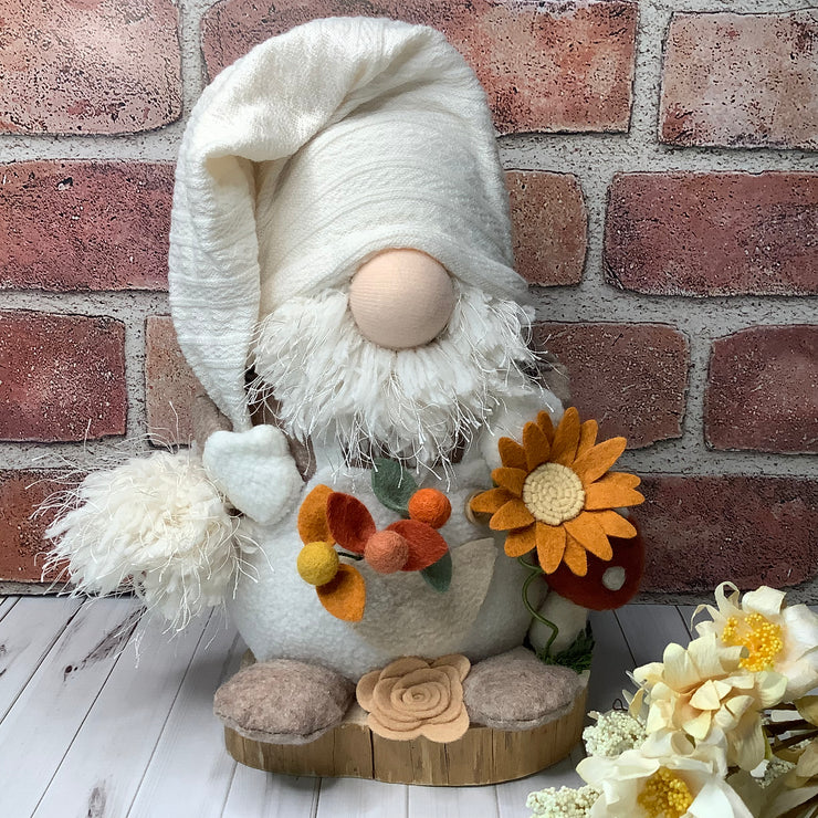 Hugo/In his Favorite Cream Overalls, with a Mushroom & Flora on Natural Wood Base
