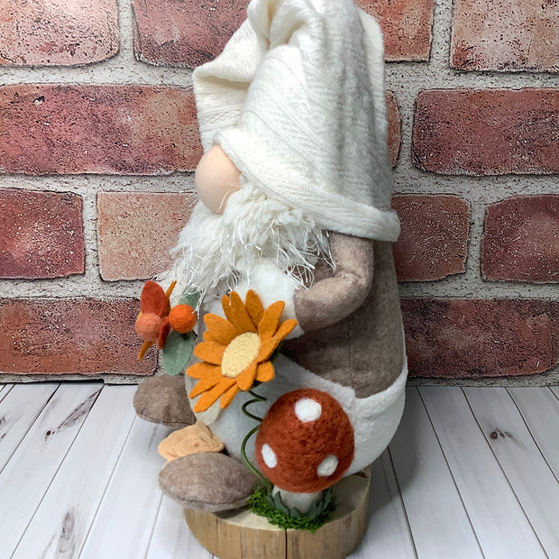 Hugo/In his Favorite Cream Overalls, with a Mushroom & Flora on Natural Wood Base