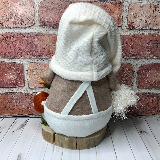 Hugo/In his Favorite Cream Overalls, with a Mushroom & Flora on Natural Wood Base
