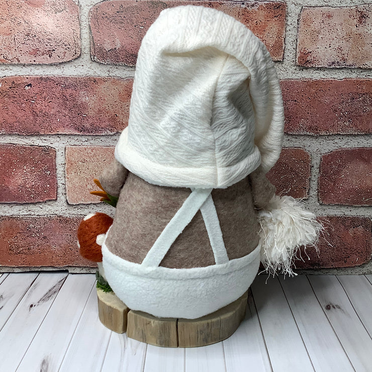 Hugo/In his Favorite Cream Overalls, with a Mushroom & Flora on Natural Wood Base