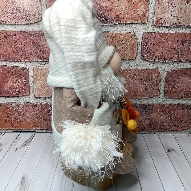 Hugo/In his Favorite Cream Overalls, with a Mushroom & Flora on Natural Wood Base