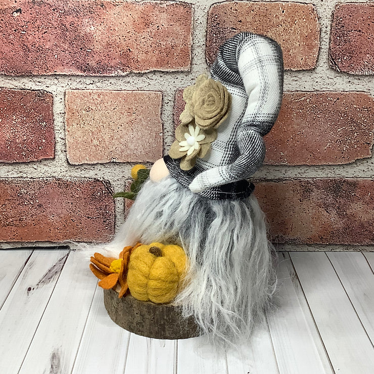 Oliver/Black & White Plaid Hat with a Pumpkin & Flora on Natural Wood Base