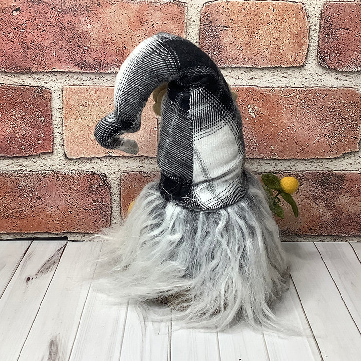 Oliver/Black & White Plaid Hat with a Pumpkin & Flora on Natural Wood Base