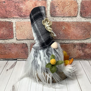 Oliver/Black & White Plaid Hat with a Pumpkin & Flora on Natural Wood Base