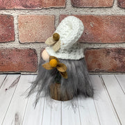 Aspen/Gnome with White Knit Hat & Flora on Natural Wood Base