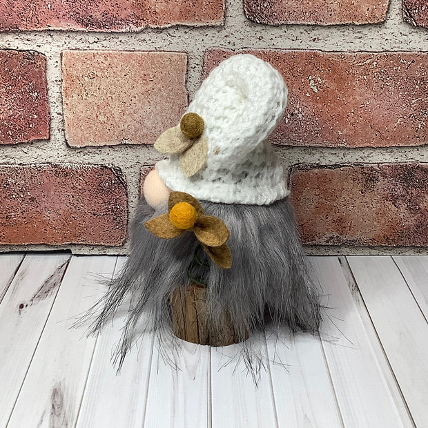 Aspen/Gnome with White Knit Hat & Flora on Natural Wood Base