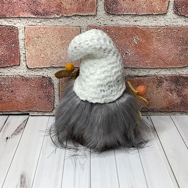 Aspen/Gnome with White Knit Hat & Flora on Natural Wood Base