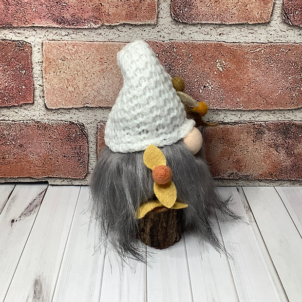 Aspen/Gnome with White Knit Hat & Flora on Natural Wood Base